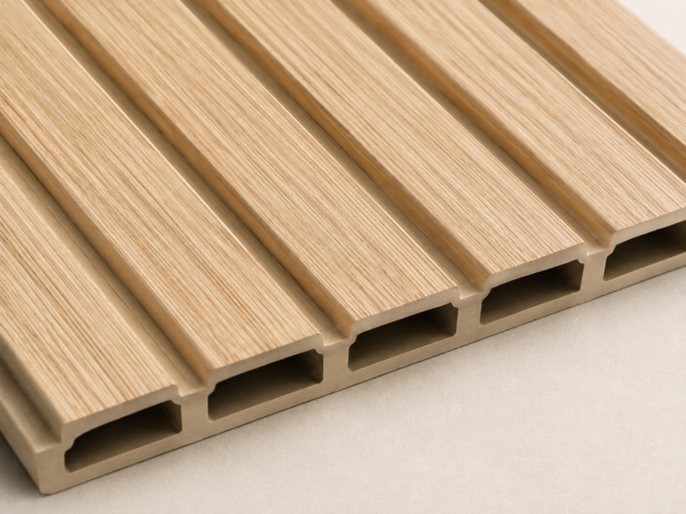 Close-up of a light wood-grain fluted WPC wall panel profile