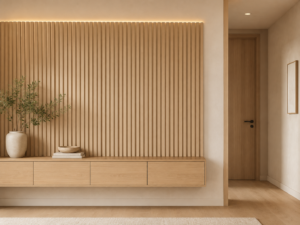 Light wood-grain fluted WPC wall panel used as an interior feature wall