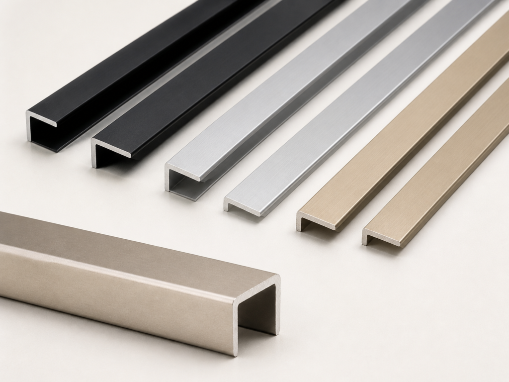 AI-generated illustrative render of a black aluminum L-shaped wall-panel edge trim; final supplied profile requires order confirmation.