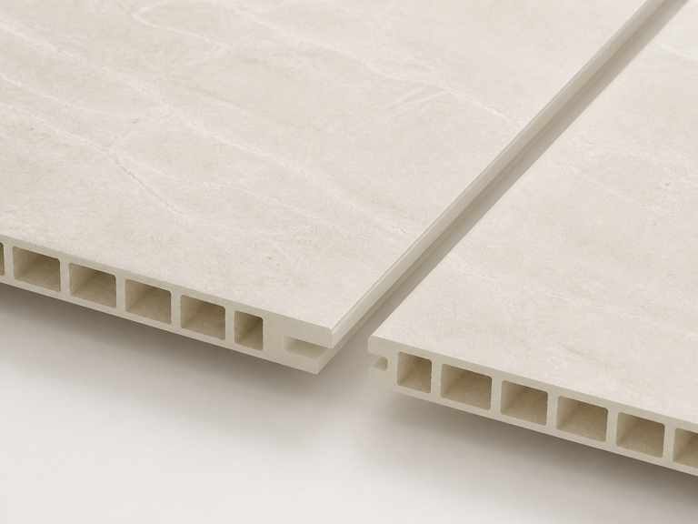 AI-generated profile detail render of a PVC integrated wall panel; not a verified technical drawing.
