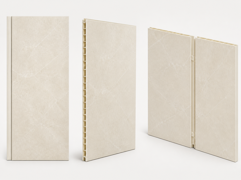 AI-generated illustrative render of a wood-look PVC integrated wall panel; final supplied color and profile require order confirmation.