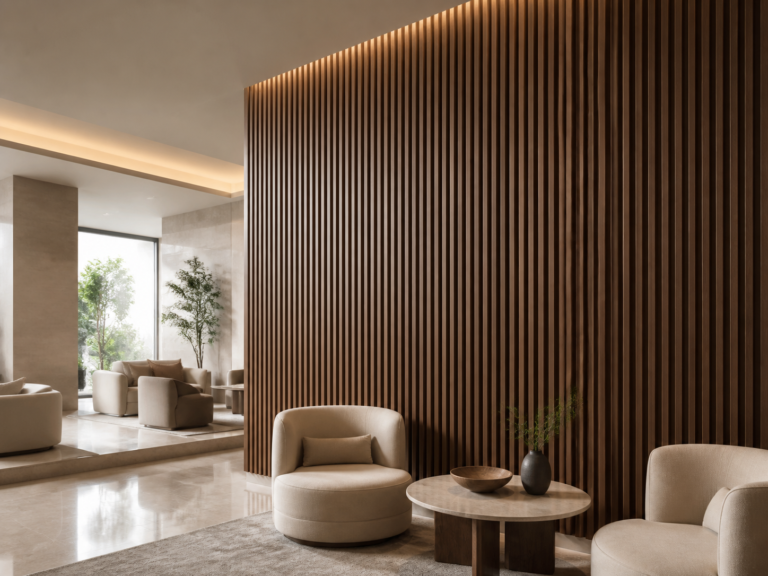 AI-generated interior application render showing a walnut-tone fluted WPC feature wall; not an installation photograph.