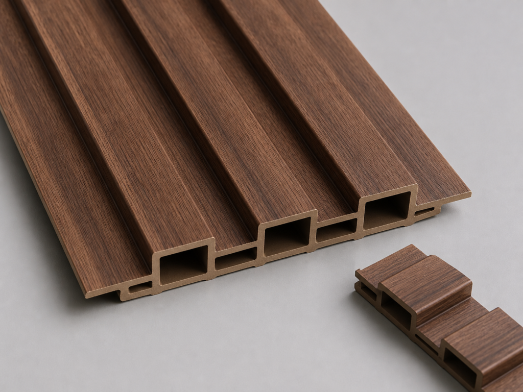 AI-generated profile detail render of a hollow fluted WPC wall panel; not a verified technical drawing.