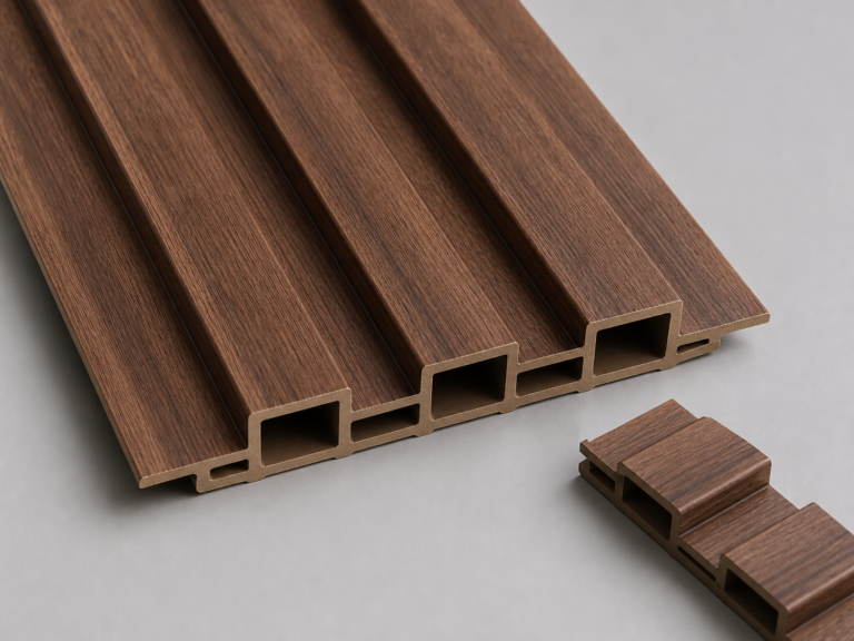 AI-generated profile detail render of a hollow fluted WPC wall panel; not a verified technical drawing.