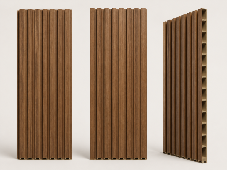 AI-generated illustrative render of a walnut-tone fluted WPC wall panel; final supplied color and profile require order confirmation.