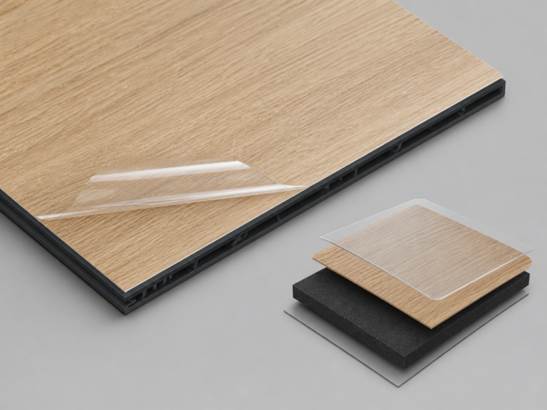 AI-generated layer and surface detail render of a 5 mm decorative WPC panel; not a verified technical drawing.