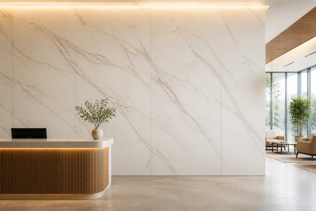 Concept visualization of WPC marble wall panels in a commercial interior; temporary launch image pending supplier media replacement.