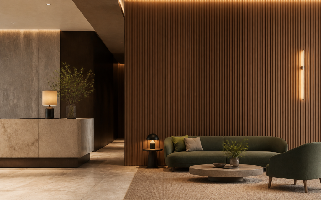 Fluted WPC wall panels in a hotel hospitality interior