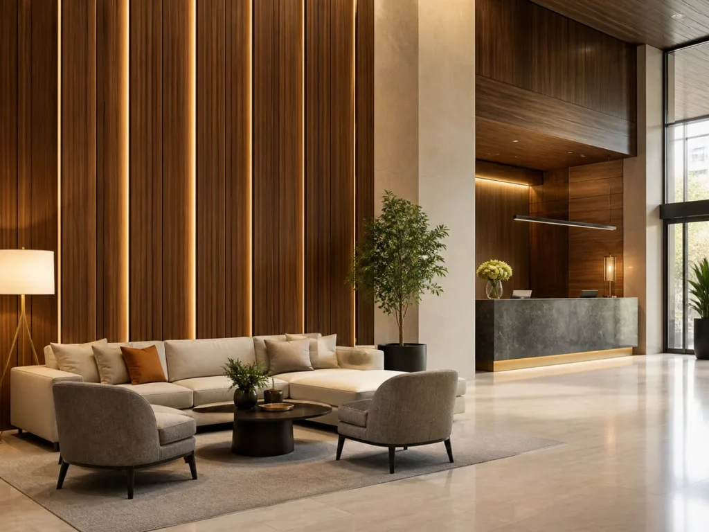 Hotel lobby interior featuring WPC wall panel feature wall