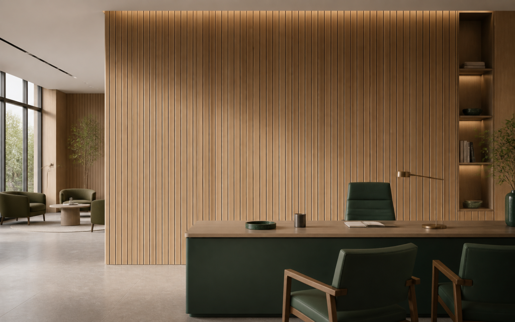 Fluted WPC wall panels in an office and commercial interior