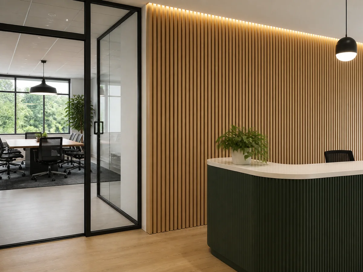 Office interior featuring WPC wall panel system