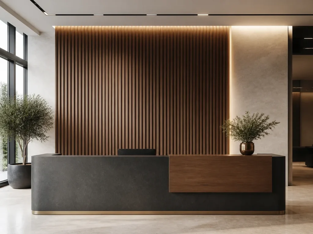 Reception area interior featuring WPC feature wall panels