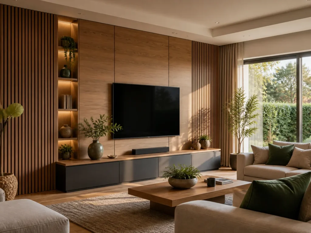 Modern residential interior featuring WPC wall panel feature wall