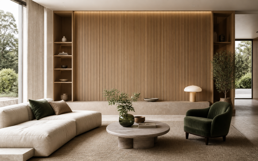 Fluted WPC wall panels in a residential interior application