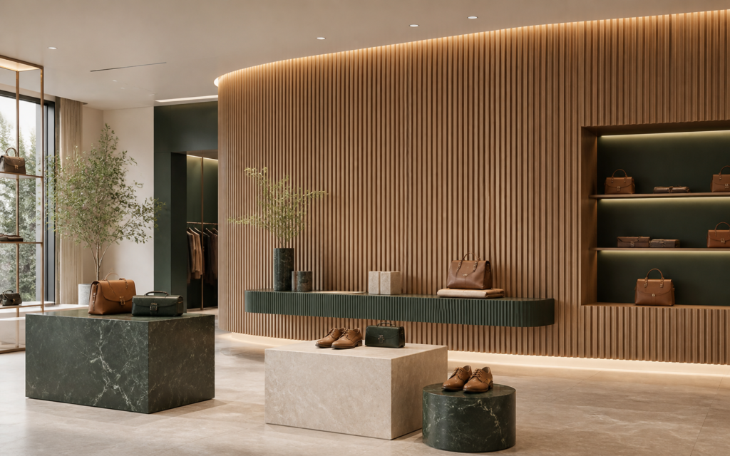Fluted WPC wall panels in a retail shop-fit interior