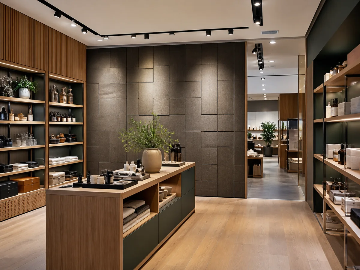 Retail interior featuring wall panel system