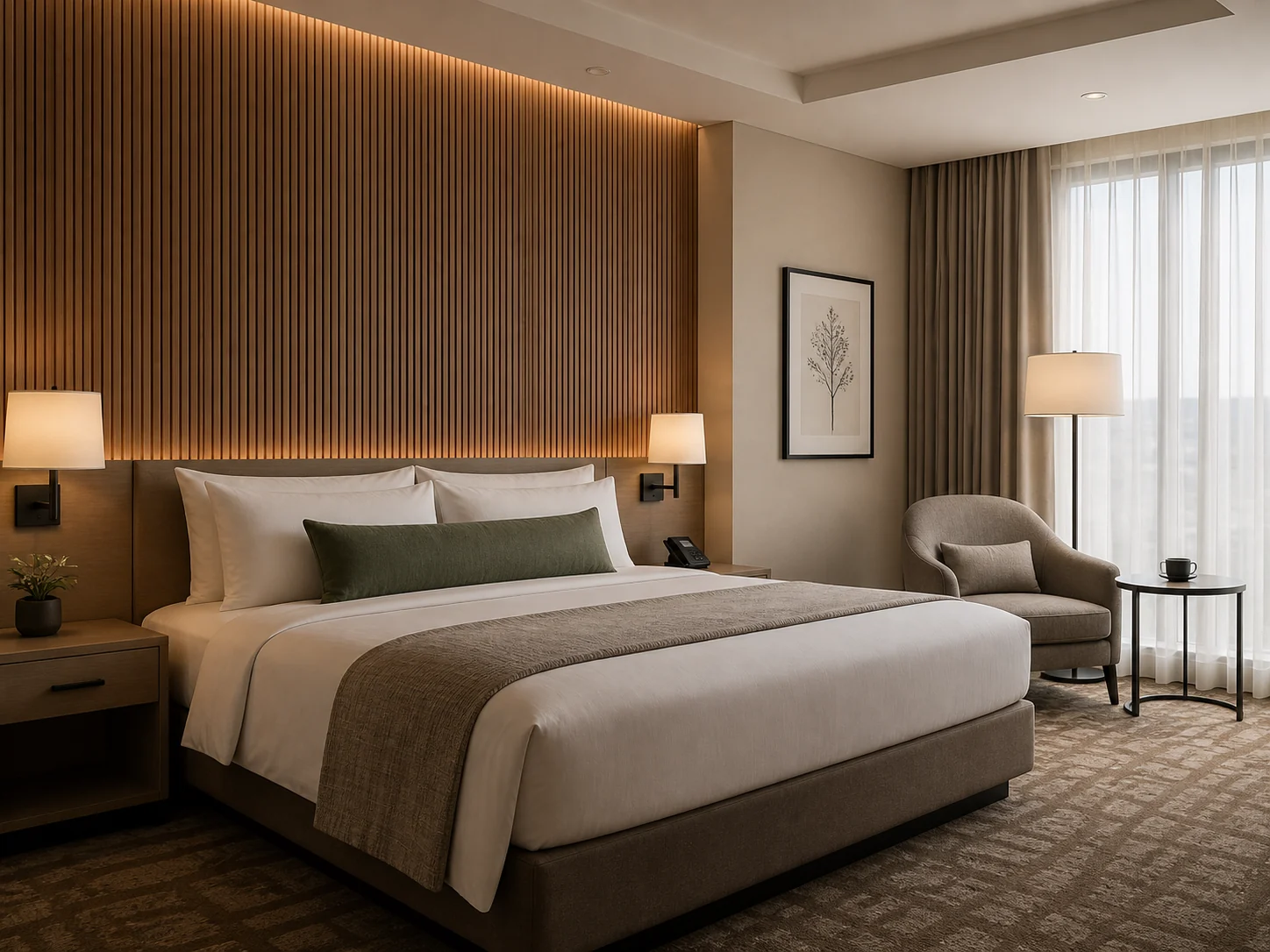 Hotel guest room interior with WPC wall panel feature wall