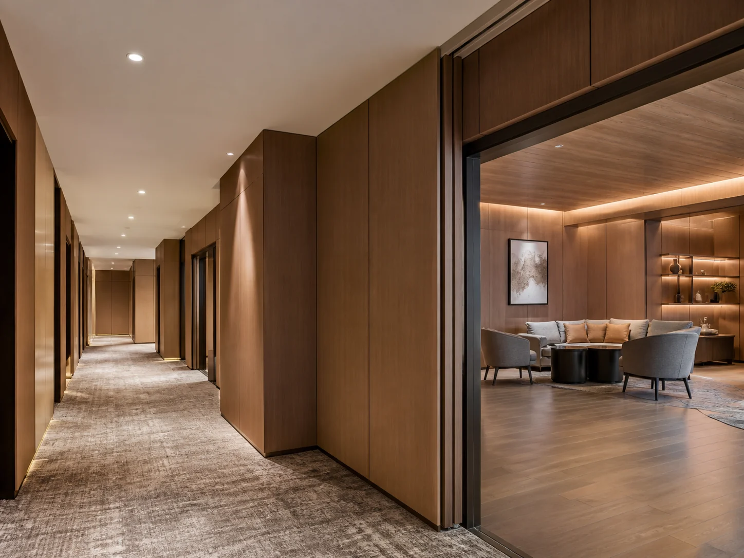 Hotel corridor and shared lounge with interior wall panel system