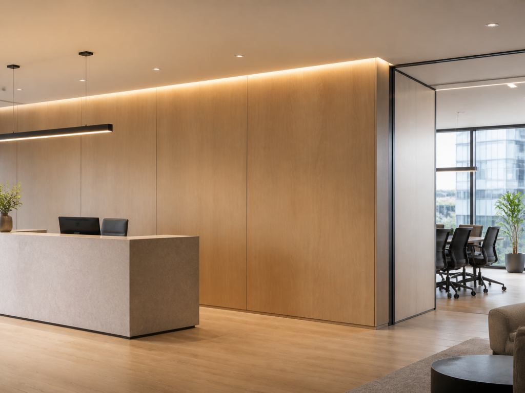 Integrated WPC wall panels in a commercial office — visual reference