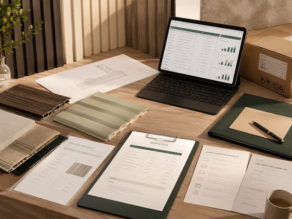 WPC wall panel samples, drawings, quotation documents and supply coordination workspace