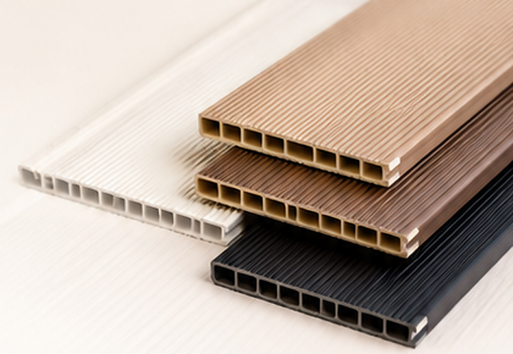 Stacked interior WPC wall panel samples in light, brown and dark finishes