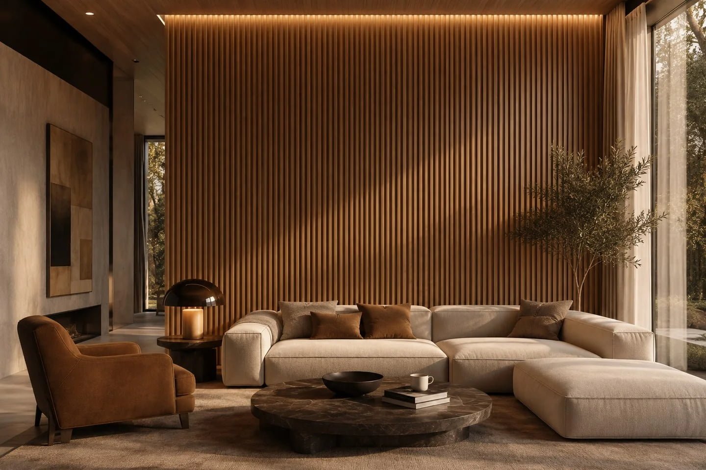Interior WPC wall panel system in a warm modern living room