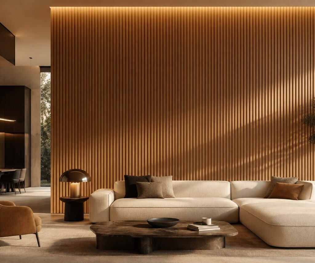 Residential interior with a WPC fluted wall panel feature wall