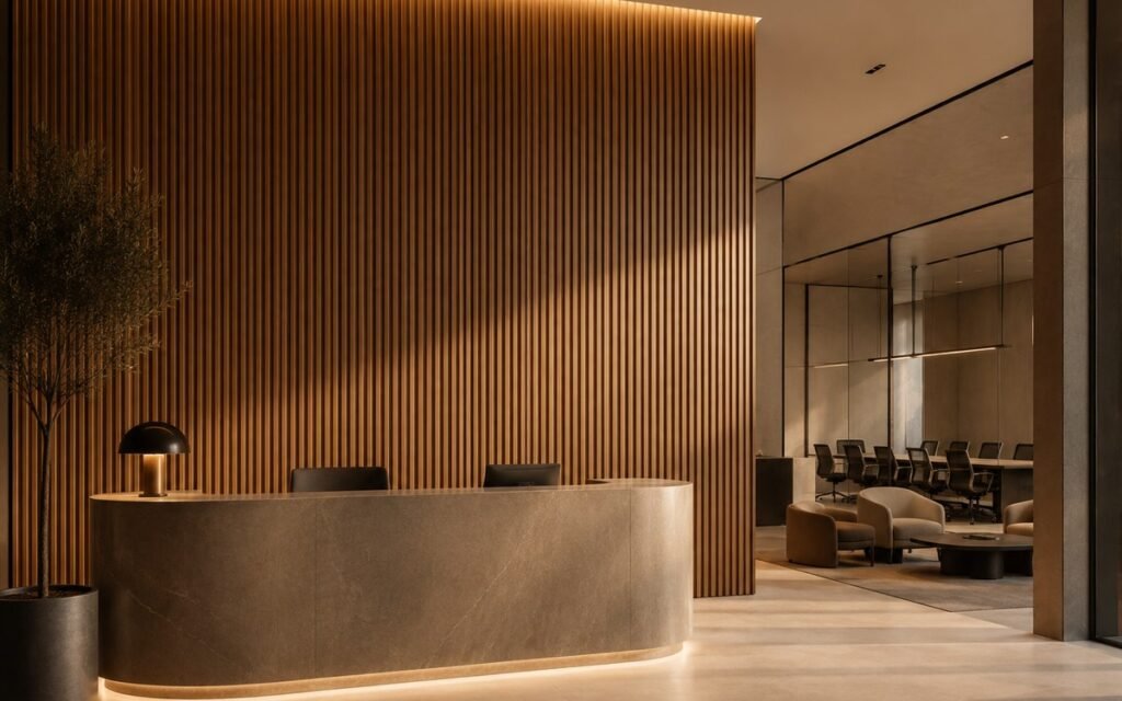 Commercial reception interior with a WPC fluted wall panel feature wall
