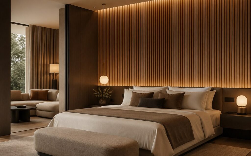 Hospitality bedroom interior with a WPC fluted wall panel feature wall