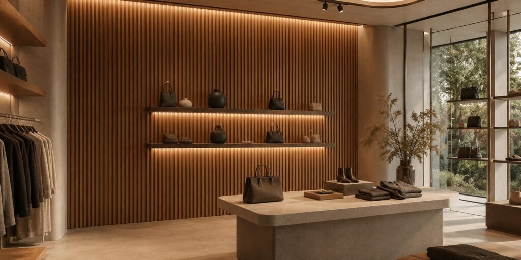 Retail interior with a WPC fluted wall panel display wall