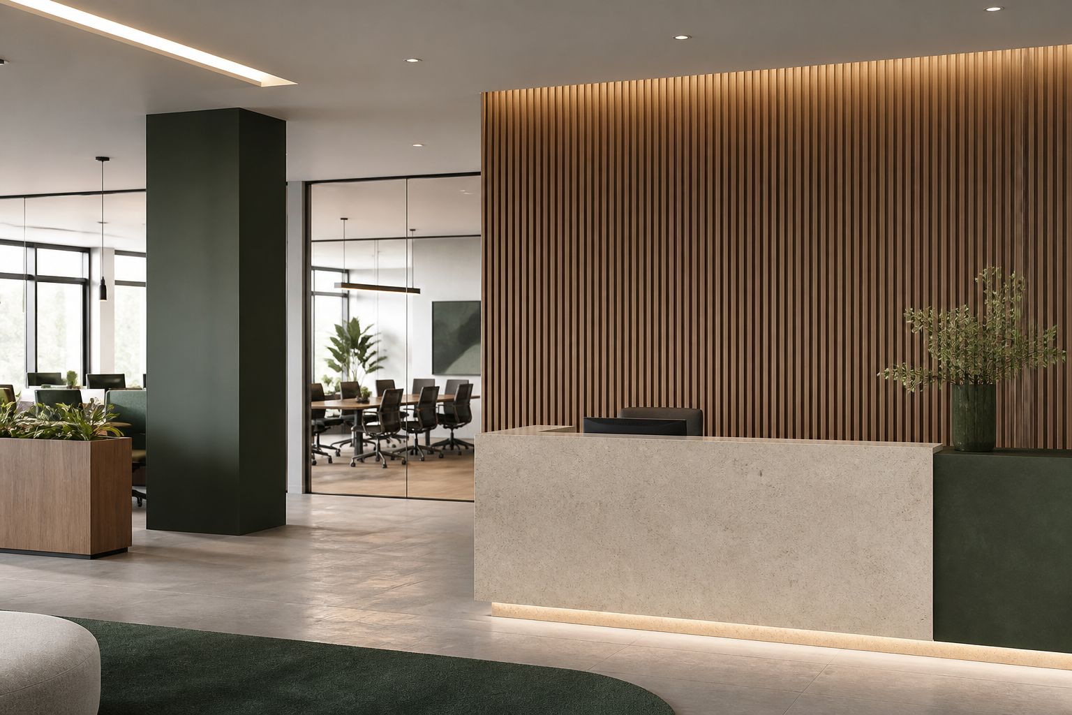 Modern office interior featuring WPC wall panel system