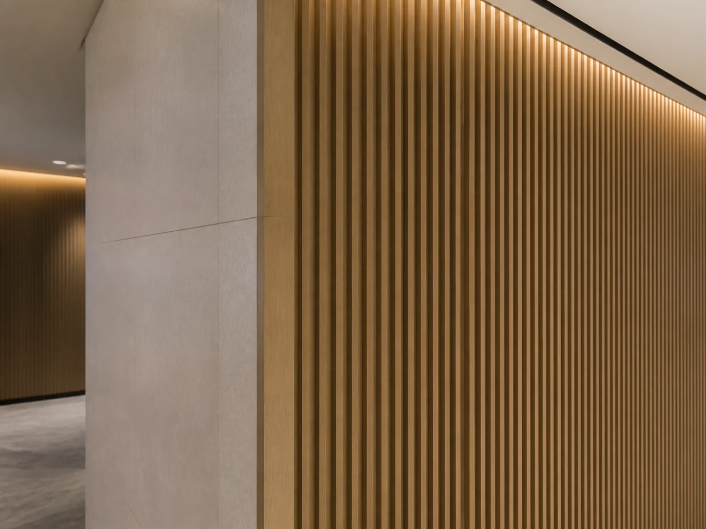 Close-up view of fluted WPC wall panel texture and lighting effect