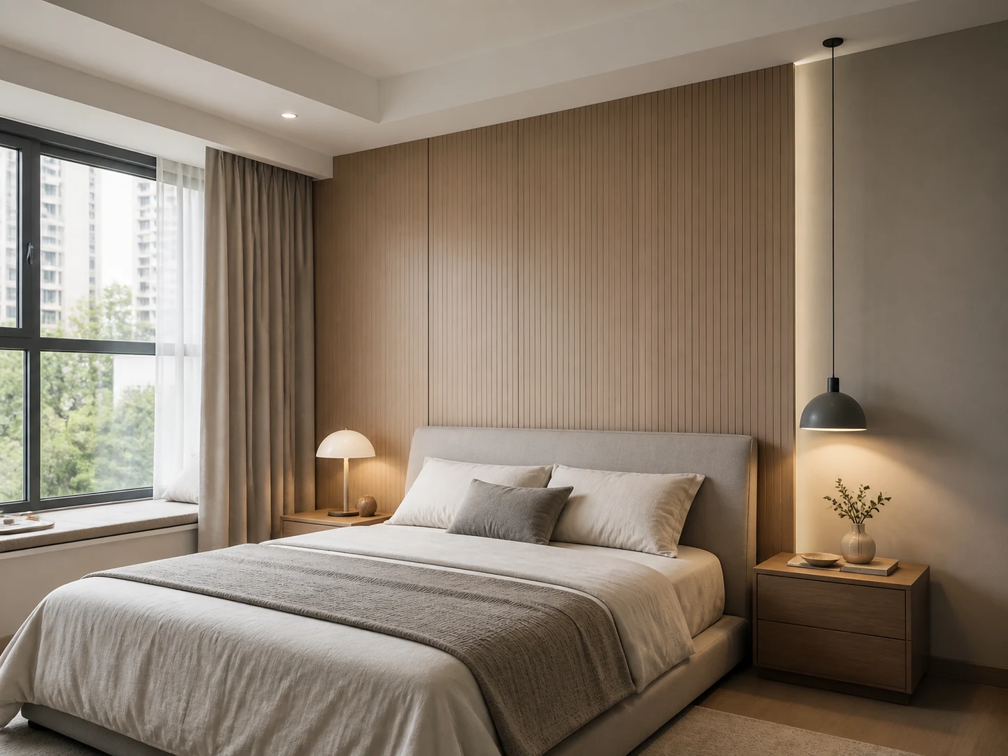 Bedroom interior with WPC wall panel background wall