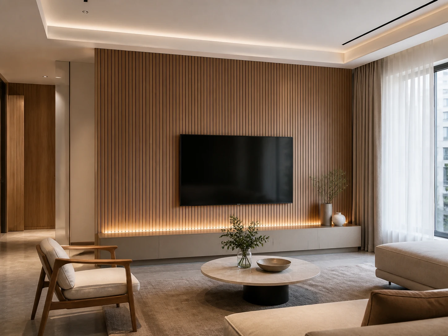 Residential living room with decorative WPC wall panel feature wall