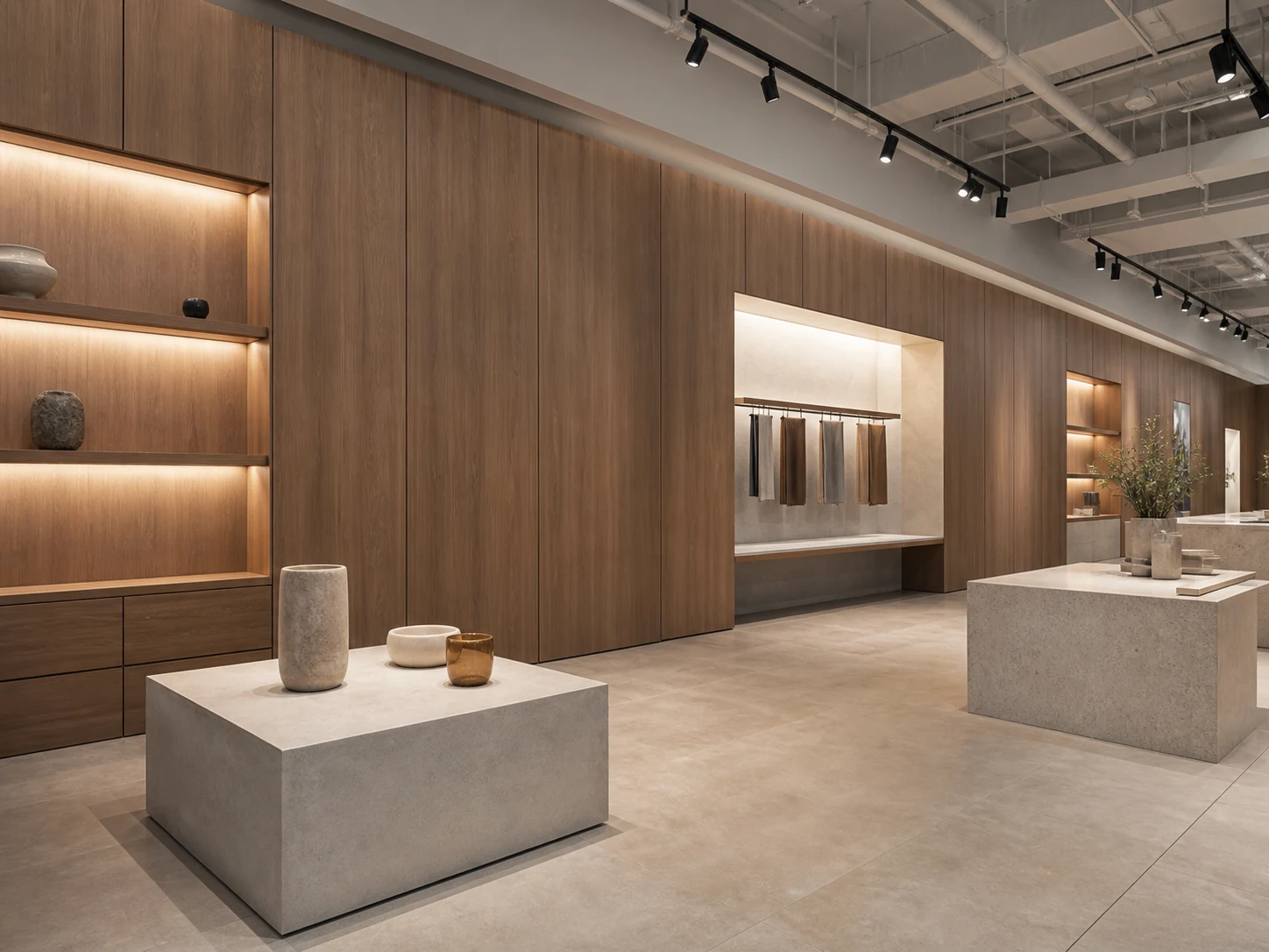 Modern showroom interior with WPC wall panel application